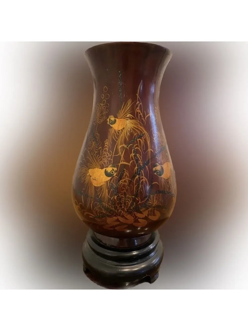Vintage 1960 11” tall Hand painted mahogany & black Lacquer Wood Vase -Viet Nam